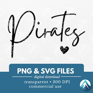 パイレーツデジタルダウンロード、PNGおよびSVGファイル、小さなハート、透明な背景、筆記体、マスコット、スポーツチームのTシャツやスウェットシャツ用