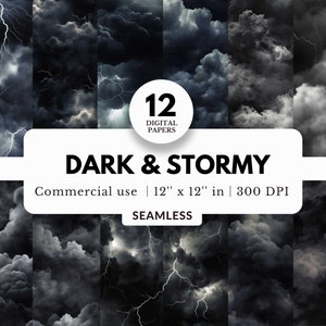 12 donkere en stormachtige digitale papiersoorten, naadloze patronen, 12 x 12, afbeeldingen Black Thunder Storm Clouds, bliksemschichten, voor sportportretfoto's