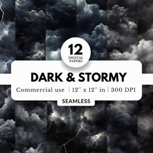 12 Dark and Stormy Digital Papers, Seamless Patterns, 12x12, Black Thunder Storm Clouds Images, Lightning Bolts, For Sports Portrait Photos