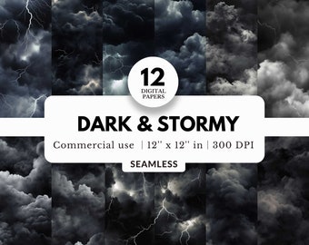 12 papeles digitales oscuros y tormentosos, patrones sin costuras, 12x12, imágenes de nubes de tormenta de truenos negros, relámpagos, para fotos de retratos deportivos