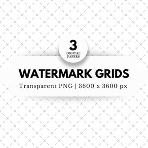 Puede incluir: Un gráfico digital con fondo blanco que presenta un patrón repetitivo de líneas grises en forma de cruz. La imagen incluye el texto "WATERMARK GRIDS" y "Transparent PNG | 3600 x 3600 px". Un círculo blanco muestra el número "3" y las palabras "DIGITAL PAPERS".