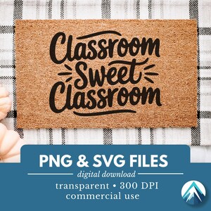 May include: A brown doormat with the text "Classroom Sweet Classroom" in black lettering. PNG and SVG files, digital download, transparent, 300 DPI, commercial use.