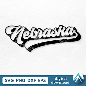 May include: A white script-style text graphic reading Nebraska with a thick black outline and a bold black underline swoosh. The design features a layered appearance with a drop shadow effect, presented as a digital file for download.