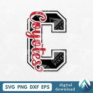 Puede incluir: Una letra "C" en blanco y negro con la palabra "Coyotes" en escritura roja. El diseño incluye los tipos de archivo SVG, PNG, DXF y EPS, con las palabras "descarga digital" debajo.