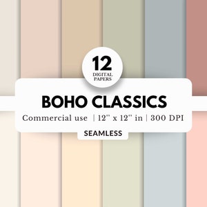 12 bohoklassiekers digitale papieren bundel, naadloze patronen, 12 x 12, set neutrale effen kleuren, zacht gedempt palet, lichte pastelkleur, effen basics