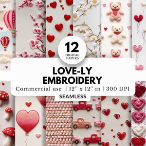 12 Love-ly Stickerei Digitale Papiere, Nahtloses Muster, 12x12, JPG, Handgenähte Textur, Mit Herzen, Teddybären, Rosen, Romantischen Blumen