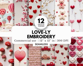 12 Love-ly Embroidery Digital Papers, Seamless Pattern, 12x12, JPG, Hand Stitched Texture, With Hearts, Teddy Bears, Roses, Romantic Flowers
