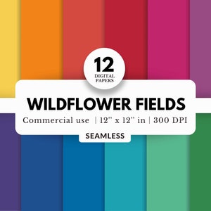 12 Wildflower Fields Digital Papers, Tileable, 12x12 JPG Download, Bright Solid Color, Colorful Printable Sheet, Rainbow Print, Plain Basics