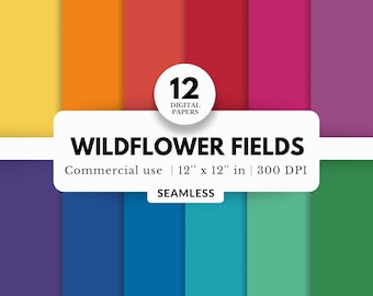 12 Wildflower Fields Digital Papers, Tileable, 12x12 JPG Download, Bright Solid Color, Colorful Printable Sheet, Rainbow Print, Plain Basics