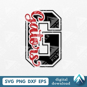 May include: A digital design showing the word "Saints" in red script over a black and white letter "G". The letter has a black interior with a white border and a textured pattern. The design includes file type options.