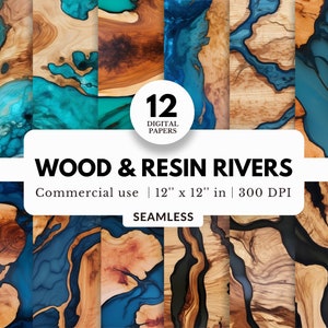 12 documenti digitali in legno e resina River, modello senza soluzione di continuità, 12x12, download JPG, trama di venature del legno, sfondi realistici dal vivo, piastrellabile