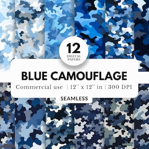 12 Blaue Camouflage Digitale Papiere, Musterdesign, 12x12, JPG Dateien, Militär Thema, Navy Camo, Für Tumbler Wraps, Backdrops, Wallpaper