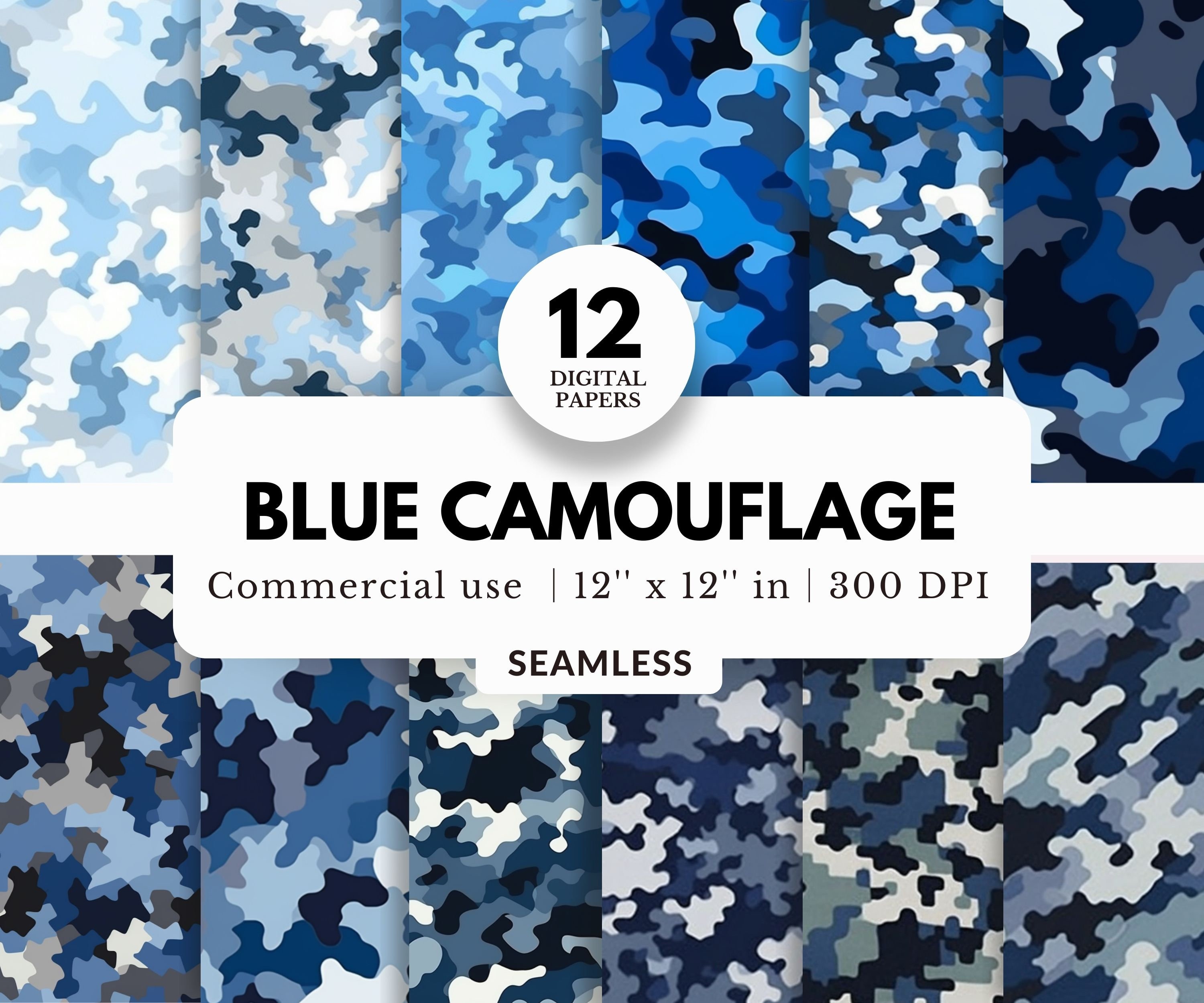 12 Blue Camouflage Digital Papers, Seamless Patterns, 12x12, JPG Files, Military Theme, Navy Camo, For Tumbler Wraps, Backdrops, Wallpaper