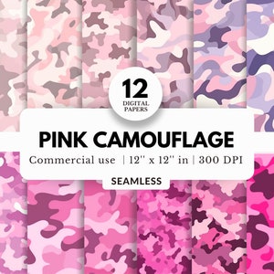 12 Pink Camouflage Digital Papers, Seamless Patterns, 12x12, JPG Download, Hot Pink Camo Texture, Military Theme, For Tumbler Wrap, Backdrop