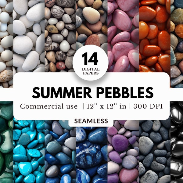 14 Summer Pebbles Digital Papers, Seamless Textures, 12x12, JPG Files, Colorful Gemstone Gravel, Matte and Polished Stones, For Backgrounds