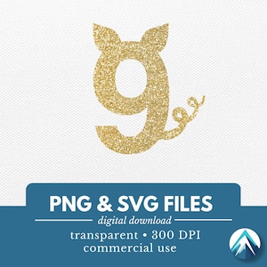 Numéro d'anniversaire de cochon, fichiers PNG et SVG, téléchargement numérique, jolies oreilles de petit cochon, queue bouclée, 9e anniversaire, pour décorations de gâteau, enseignes, chemises