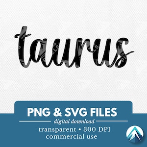Könnte beinhalten: Schwarzweiß-digitaler Download des Wortes "taurus" in einer handschriftlichen Schriftart. Der Text befindet sich auf einem weißen Hintergrund mit einer subtilen Textur. PNG- und SVG-Dateien sind enthalten. 300 DPI. Kommerzielle Nutzung.