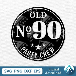 May include: A circular black sticker design featuring the white text OLD No 90 and PARTY CREW with three small stars in the center. The design includes a thin white circular border and a repeating watermark pattern of the text NORTH WIND PIXELS.