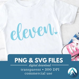 11 歳の誕生日の数字、デジタル ダウンロード、PNG および SVG ファイル、透明、かわいい小さなハート、ベビー ブルー、筆記体、11 歳の誕生日、11 歳