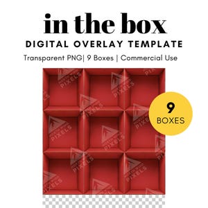 Fondo digital de caja de cartón vacía roja de 9 piezas, imagen PNG transparente, cuadrícula, fotografía en la caja para niños, parejas, familia, tarjetas navideñas