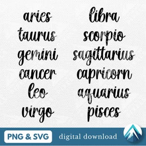 Lot de 12 signes du zodiaque, téléchargements numériques, fichiers PNG SVG, fond Transparent, police cursive, symbole astrologique, horoscope, pour sublimation