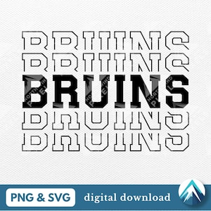 Puede incluir: Diseño gráfico en blanco y negro con la palabra "BRUINS" en una fuente en negrita y de bloque. La palabra se repite cinco veces, con cada repetición ligeramente desplazada de la que está arriba. El diseño es perfecto para usar como descarga digital para proyectos de manualidades.