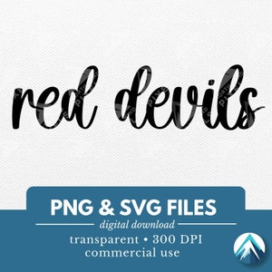 Descarga digital de los Diablos Rojos, archivos PNG y SVG, fondo transparente, letra cursiva boho, para camisetas de equipos deportivos, mascota de clase, espíritu escolar
