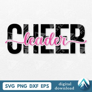 Könnte beinhalten: Digitales Design mit dem Wort „CHEER“ in schwarzen Buchstaben und „leader“ in rosa Schrift. Das Bild ist als digitaler Download in den Formaten SVG, PNG, DXF und EPS verfügbar, vor einem weißen Hintergrund.