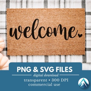 Willkommen Digitaler Download, PNG- und SVG-Dateien, kleines Herz, schlichtes Design, kursive Schreibschrift, für Eingangs-Fußmatten, Haustürmatten, Schilder