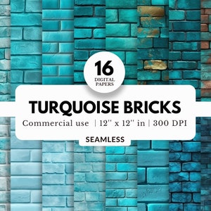 16 Turquoise Brick Digital Papers, Seamless Patterns, 12x12, JPG Download, Teal Brick Wall Backgrounds, Rustic Western, Southwestern Texture