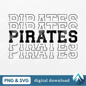 Puede incluir: Diseño gráfico en blanco y negro de la palabra "PIRATES" repetida varias veces con un efecto de capas. La palabra "PIRATES" está en negrita, en fuente negra con un contorno blanco.
