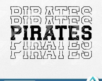 Pirates Digital Download, PNG and SVG Files, Transparent Background, Stacked College Varsity Font with Fade Outline, For School Sports Team
