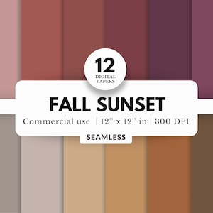 May include: A set of 12 digital papers featuring a variety of fall sunset colors. The papers are 12 inches by 12 inches and 300 DPI. They are seamless and for commercial use.