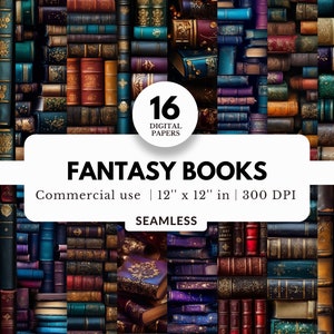 Puede incluir: Un paquete de papeles digitales con 16 patrones sin costuras que muestran un primer plano de una pared de libros antiguos encuadernados en cuero con detalles dorados. El texto "FANTASY BOOKS" se muestra en un cuadro blanco con las palabras "Commercial use | 12" x 12" in | 300 DPI" y "SEAMLESS" debajo.