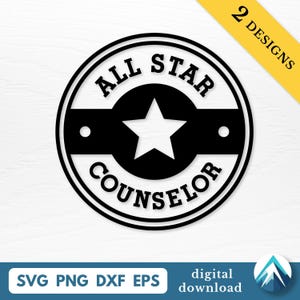 Descarga digital de All Star Counselor, archivos SVG, PNG, DXF y EPS, parche retro, imágenes prediseñadas transparentes, con capas, regreso a clases, para terapeutas.