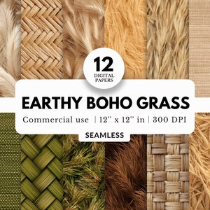 12 carte digitali con texture erba Boho terrosa, modelli senza soluzione di continuità, 12x12, download JPG, con paglia sciolta, fieno, pampa portata dal vento, tessuti intrecciati