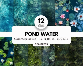 12 Pond Water Digital Papers, Seamless Textures, 12x12, JPG Files Download, Realistic, For Tumbler Wrap, Sublimation, Prints, Template, Maps