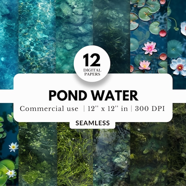 12 Pond Water Digital Papers, Seamless Textures, 12x12, JPG Files Download, Realistic, For Tumbler Wrap, Sublimation, Prints, Template, Maps