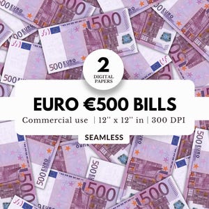 Banconote da 500 euro, carte digitali, motivi senza soluzione di continuità, 2 file, download JPG, banconote realistiche, denaro viola, per sublimazione, fogli, stampe