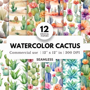 12 papiers numériques cactus aquarelle, motifs sans couture, 12 x 12, téléchargement JPG, paysage du désert du sud-ouest, pour les emballages de gobelet western, faire-part