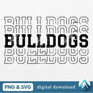 Bulldogs Digital Download, PNG e arquivo SVG, fundo transparente, fonte College Varsity com Fade Out, para equipe esportiva escolar, mascote de cachorro