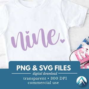 9 歳の誕生日の数字、デジタル ダウンロード、PNG SVG ファイル、筆記体フォント、かわいい小さなハート、9 歳の誕生日、9 歳の誕生日、好きな色は紫