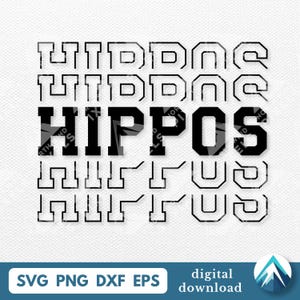 Pode incluir: Um design digital com a palavra "HIPPOS" em letras pretas em negrito, com múltiplos contornos da palavra acima e abaixo. O design inclui os tipos de arquivo SVG, PNG, DXF e EPS, com um rótulo de "download digital".
