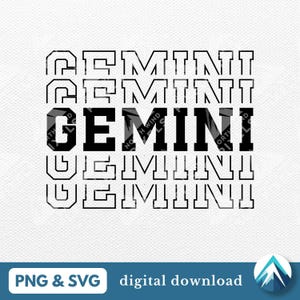 Puede incluir: Diseño gráfico en blanco y negro de la palabra "GEMINI" repetida cinco veces, con cada palabra delineada en negro. La palabra "GEMINI" está en una fuente en negrita, de bloques. El texto "PNG & SVG descarga digital" está en la parte inferior de la imagen.