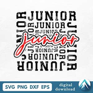 May include: A digital design featuring the word "Junior" in a bold, red script with a black outline, overlaid on a grid of repeating "Junior" text in black. The design includes file format options: SVG, PNG, DXF, and EPS.