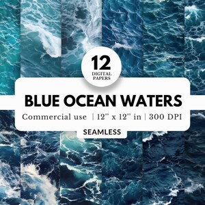 12 Blaue Ozean Wasser Digitale Papiere, Muster, 12x12, JPG Dateien, mit brechenden Wellen, Surfen Hintergrund, Meeresküste, Scrapbook Seite