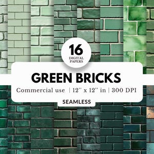 16 Grüne Ziegelsteine Digitale Papiere, nahtlose Muster, 12x12, JPG Download, hell- und dunkelgrüne Töne, realistische Ziegel- und Steinwände