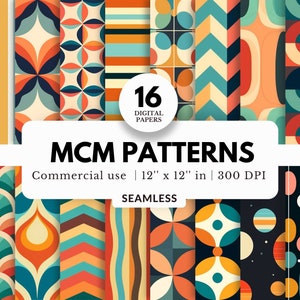 Könnte beinhalten: Ein Set mit 16 digitalen Papieren mit geometrischen Mustern im Mid-Century-Modern-Stil in verschiedenen Farben, darunter Orange, Blau, Gelb und Grün. Die Muster sind nahtlos und können für kommerzielle Zwecke verwendet werden. Jedes Papier ist 30,5 cm x 30,5 cm groß und hat eine Auflösung von 300 DPI.