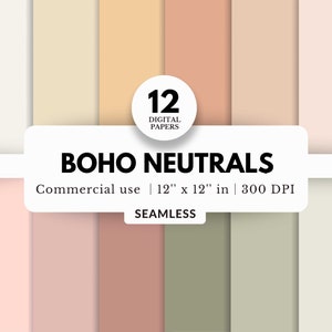 12 boho neutrale digitale papierbundel, naadloze patronen, 12 x 12, set neutrale effen kleuren, zacht gedempt palet van aardetinten, herfstseizoen