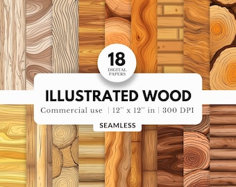 18 Illustrated Wood Digital Papers, Seamless Patterns, 12x12, JPG Files Download, Line Art Drawings, Log Cabin, Children Storybook Backdrops
